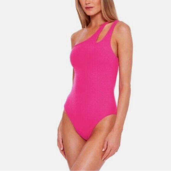 Becca Hot Pink Asymmetrical One Piece Swimsuit New - Picture 4 of 5